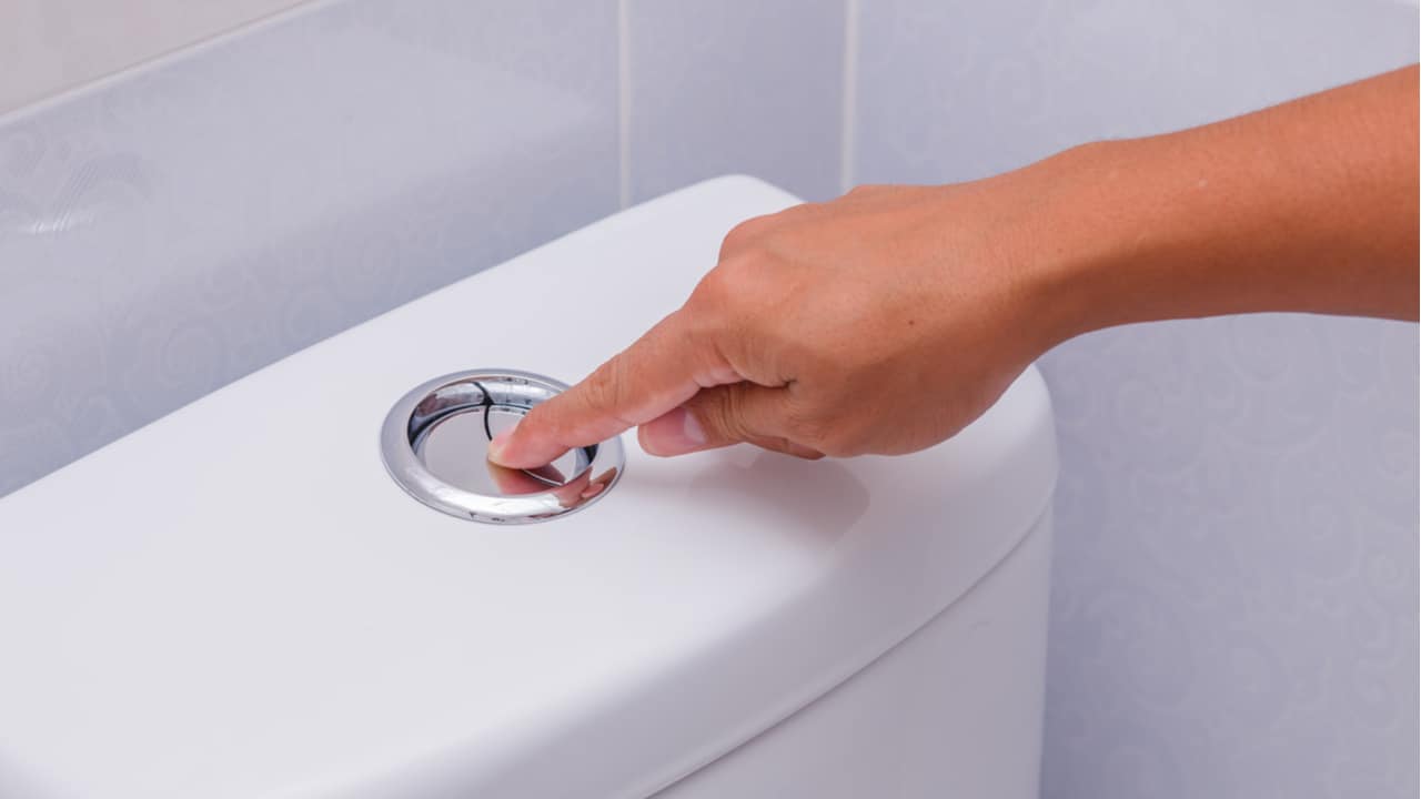 Person flushing a toilet